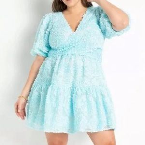 Blue Tie Waist Puff Dress